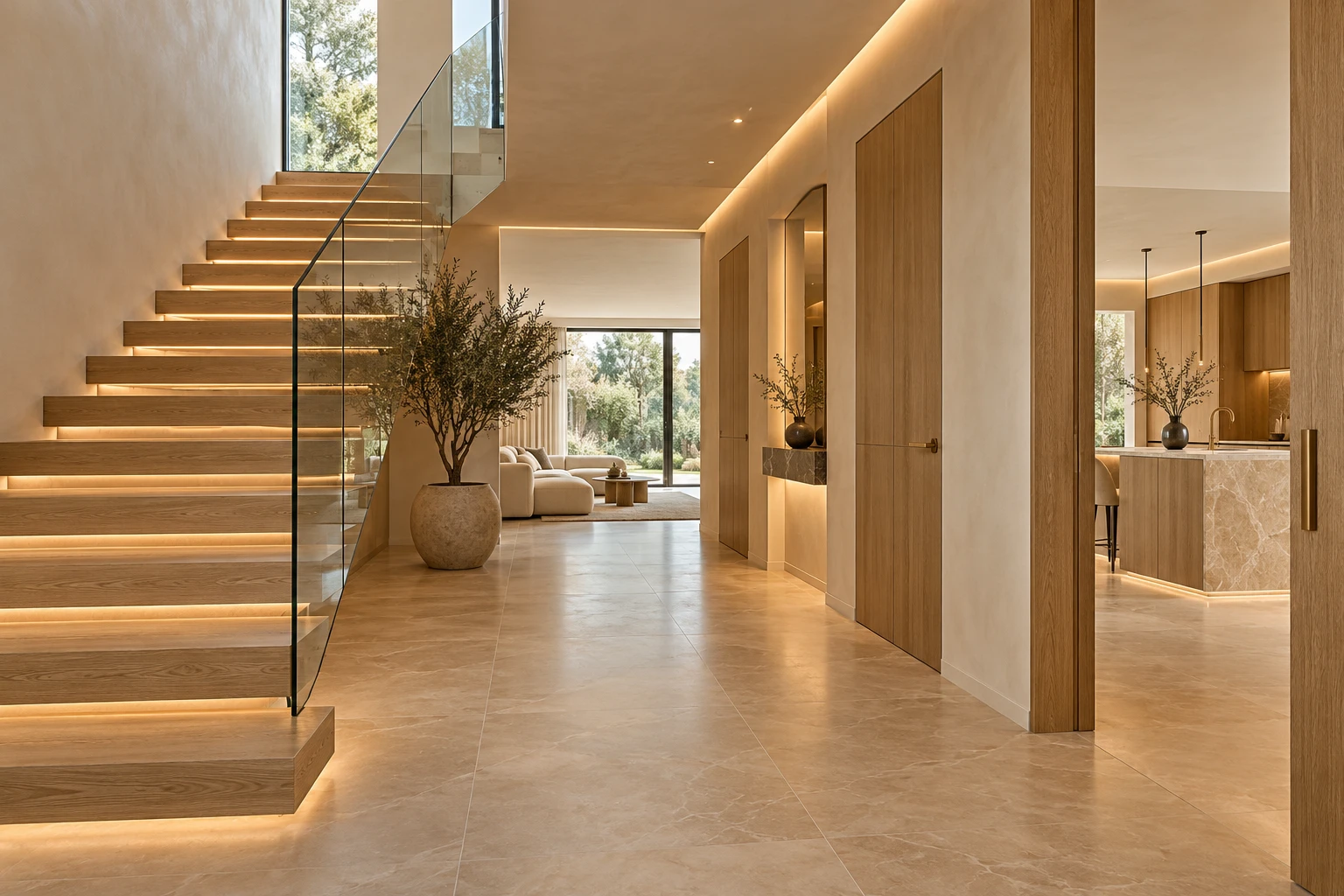 Luxe hal met zwevende eiken trap, glazen balustrade en grote beige tegels