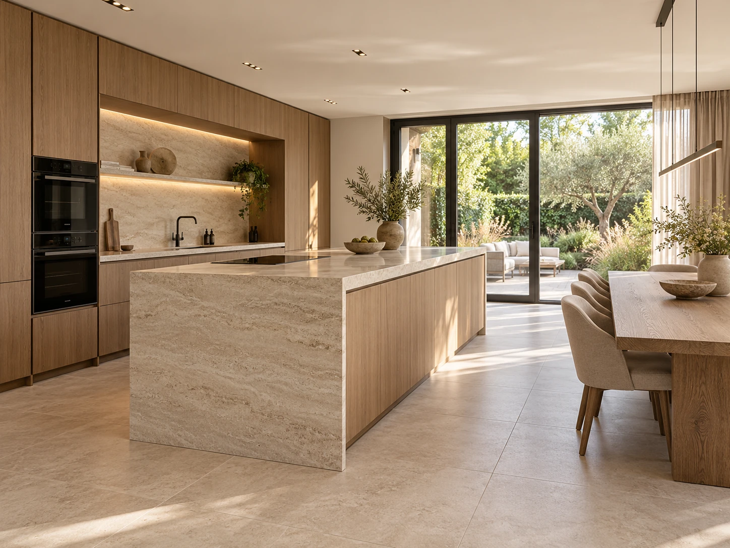 Luxe keuken met een natuursteenlook kookeiland en eiken kasten