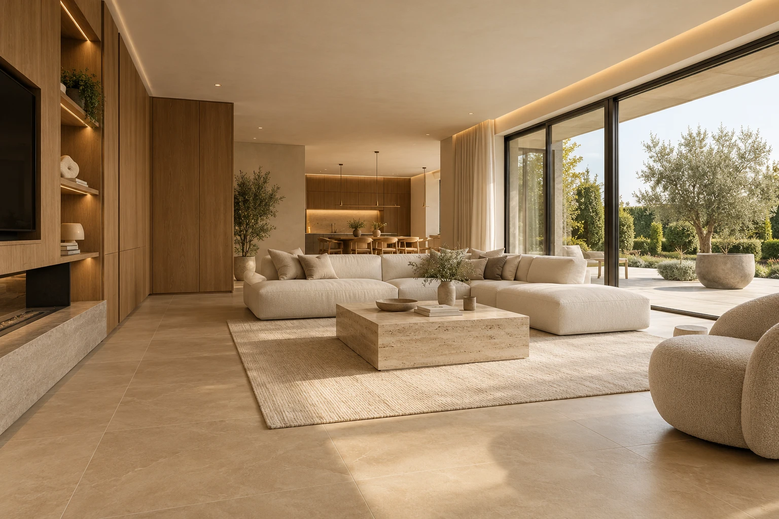 Luxe woonkamer met eiken maatwerk, grote beige tegels en warme indirecte verlichting